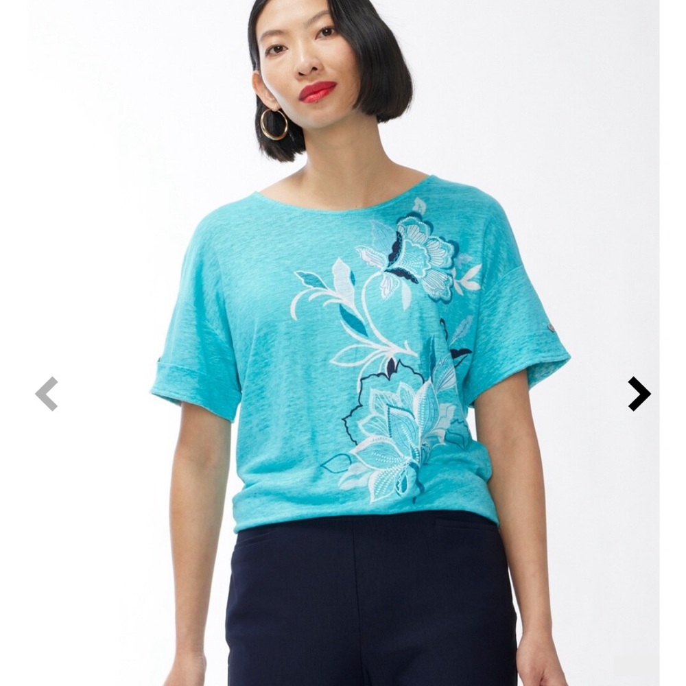 Chico’s aqua linen embroidered top, Medium (Chico size 1)